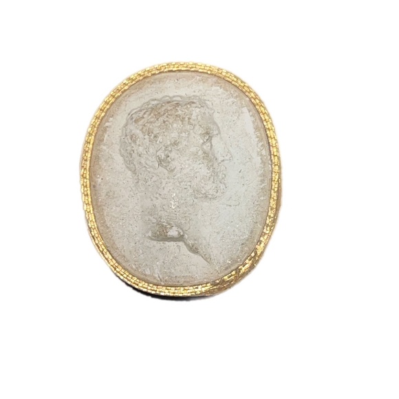 Antique White Plaster Relief Cameo Male Man's Head Bust Gold Tone Outline Oval